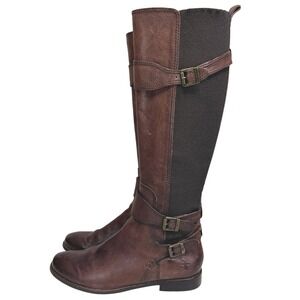 Frye Anna Gore Tall Dark Brown Leather Riding Boots Buckle Straps Size 8